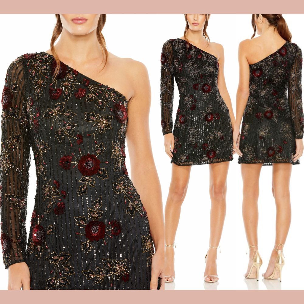 NEW MAC‎ DUGGAL [ 4 ] 5919 One Shoulder Embellished Mini Dress Black red Roses